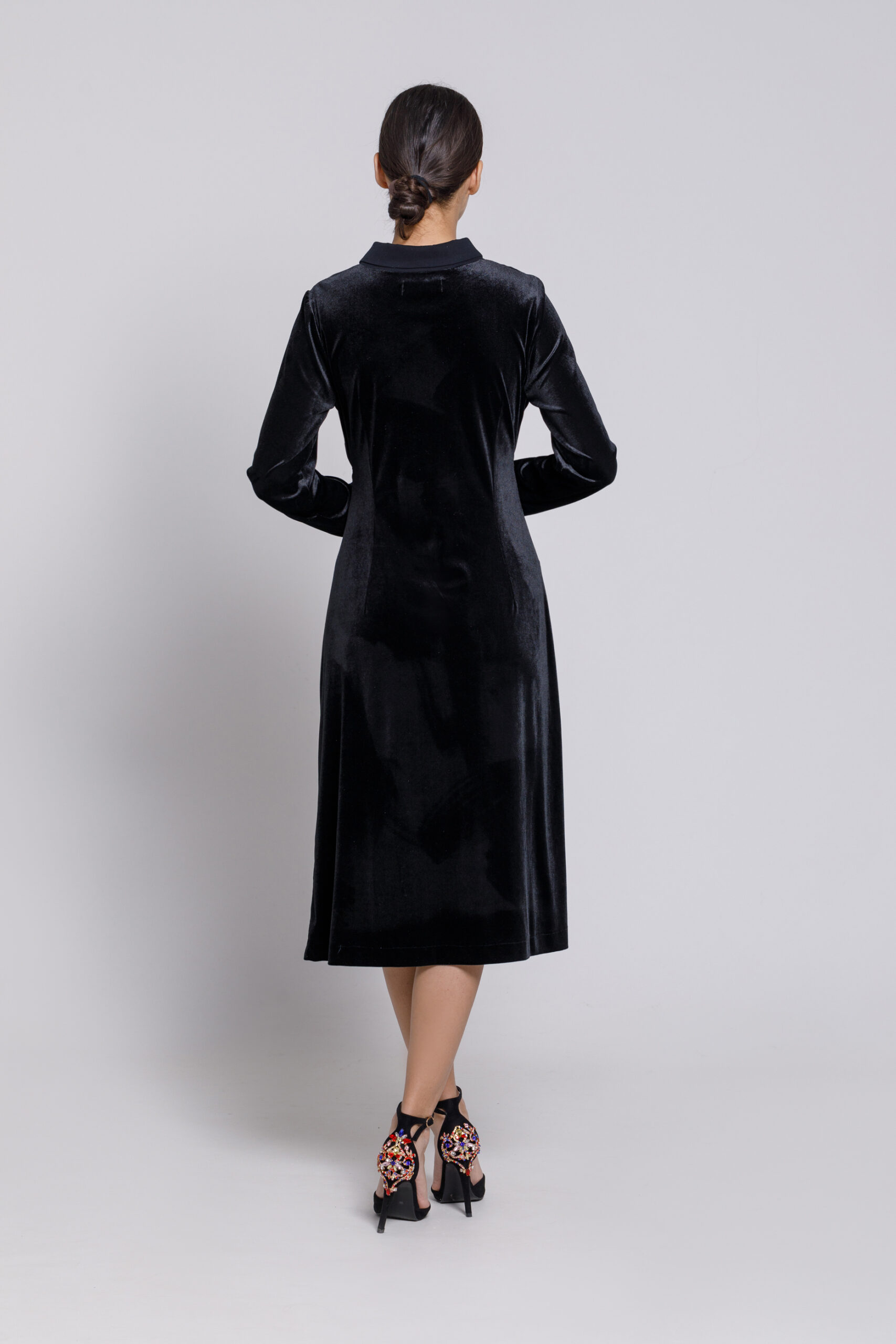 STORY dress in black velvet and viscose. Natural fabrics, original design, handmade embroidery