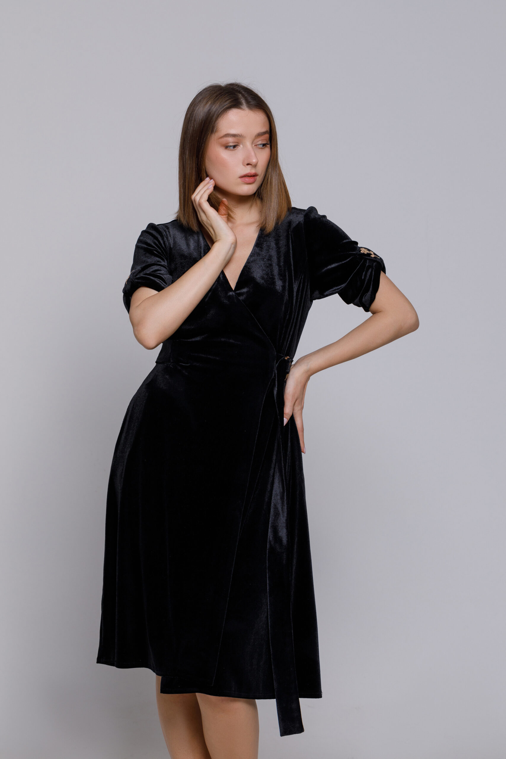TEEA black velvet dress. Natural fabrics, original design, handmade embroidery