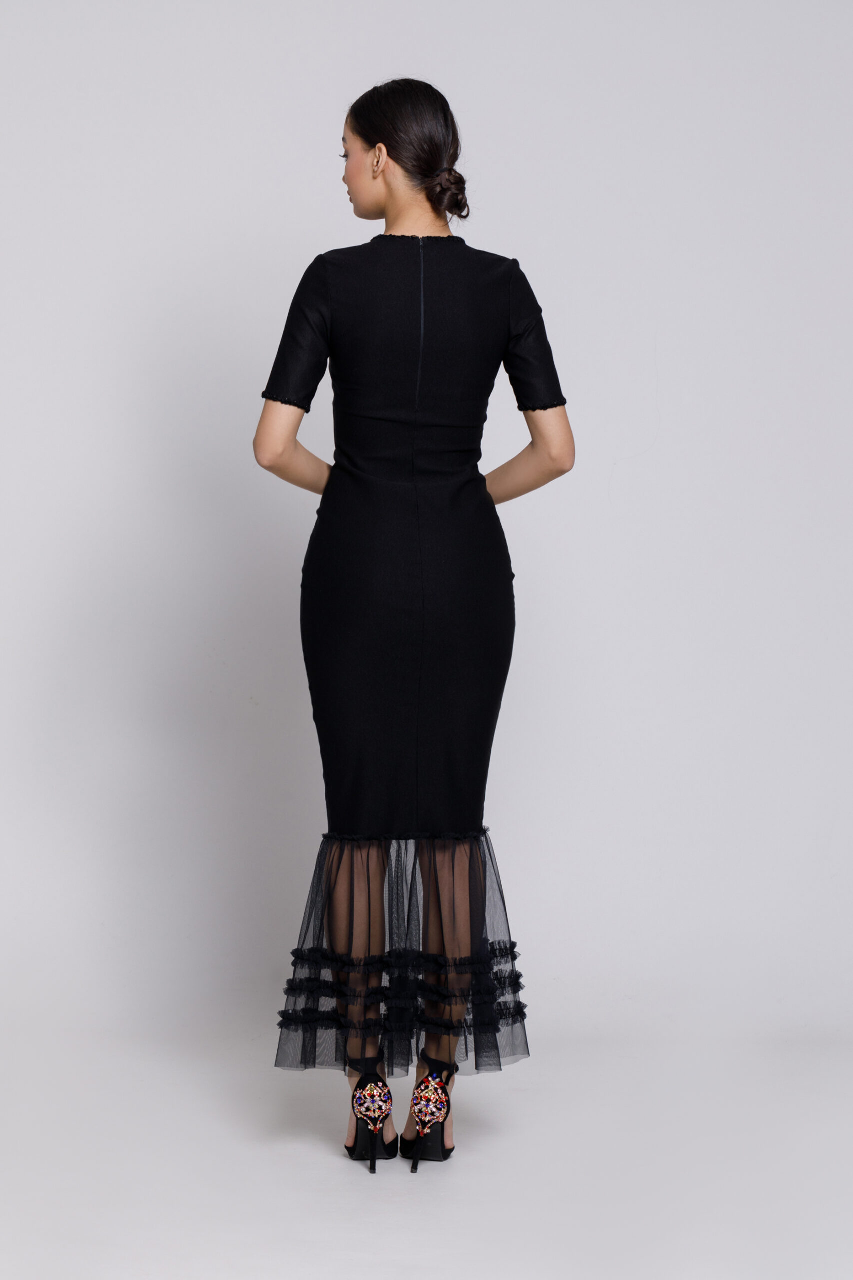 Black ZINNIA dress with tulle ruffle. Natural fabrics, original design, handmade embroidery