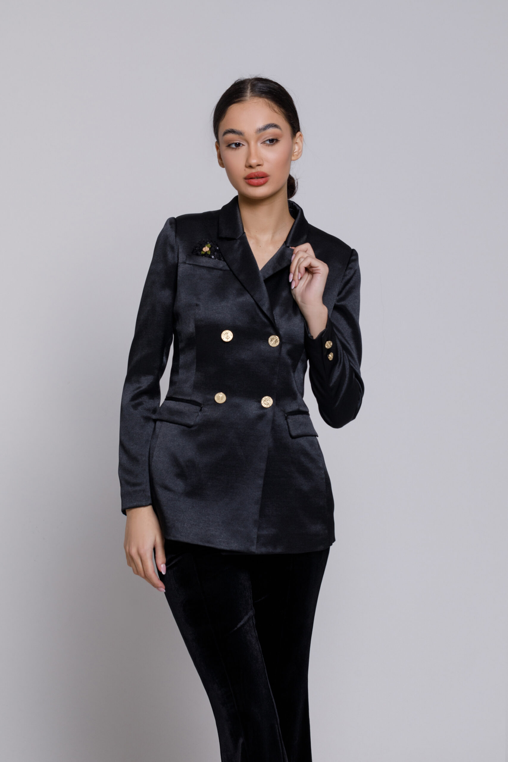 MARISOL black jacket with two rows of buttons. Natural fabrics, original design, handmade embroidery