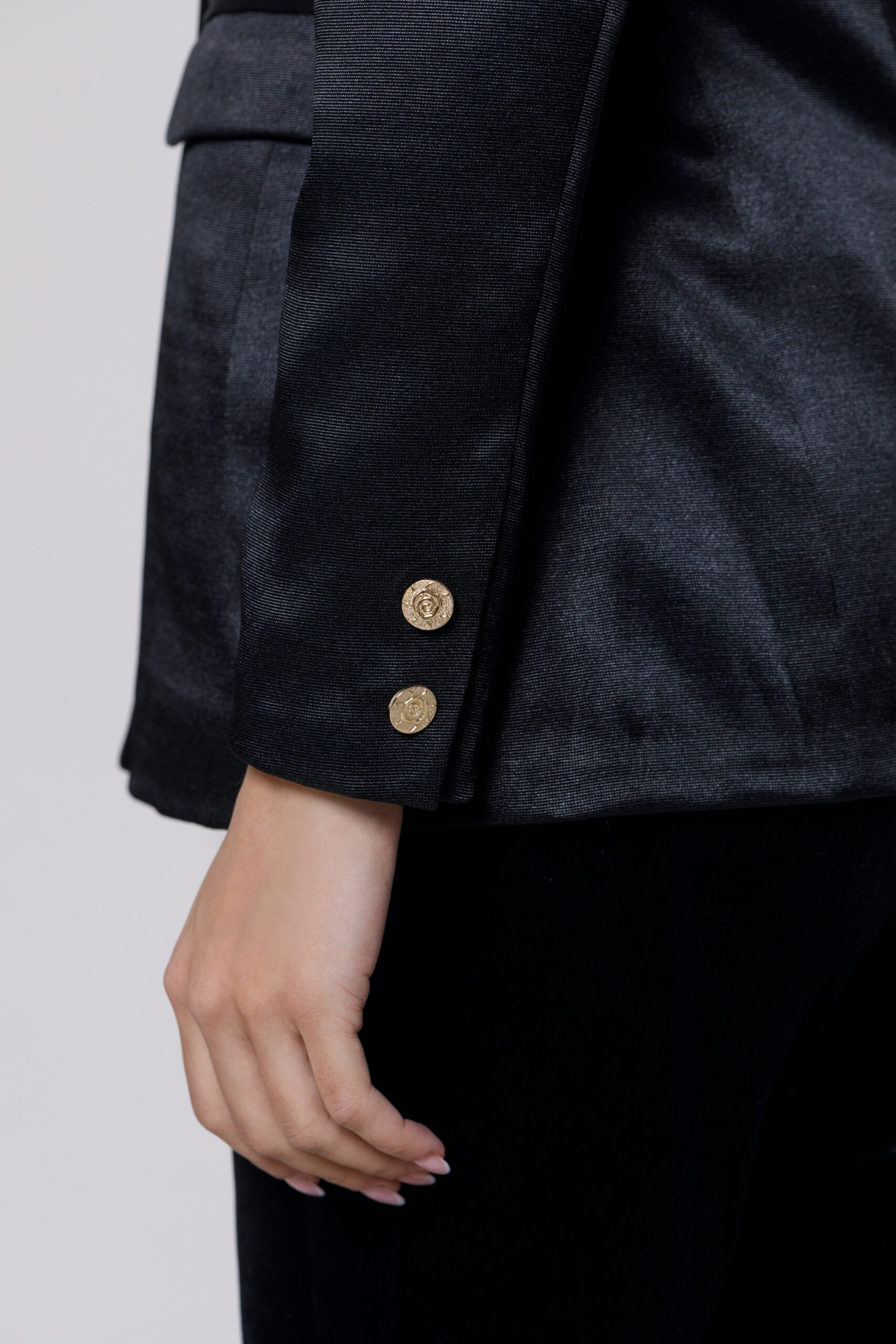 MARISOL black jacket with two rows of buttons. Natural fabrics, original design, handmade embroidery