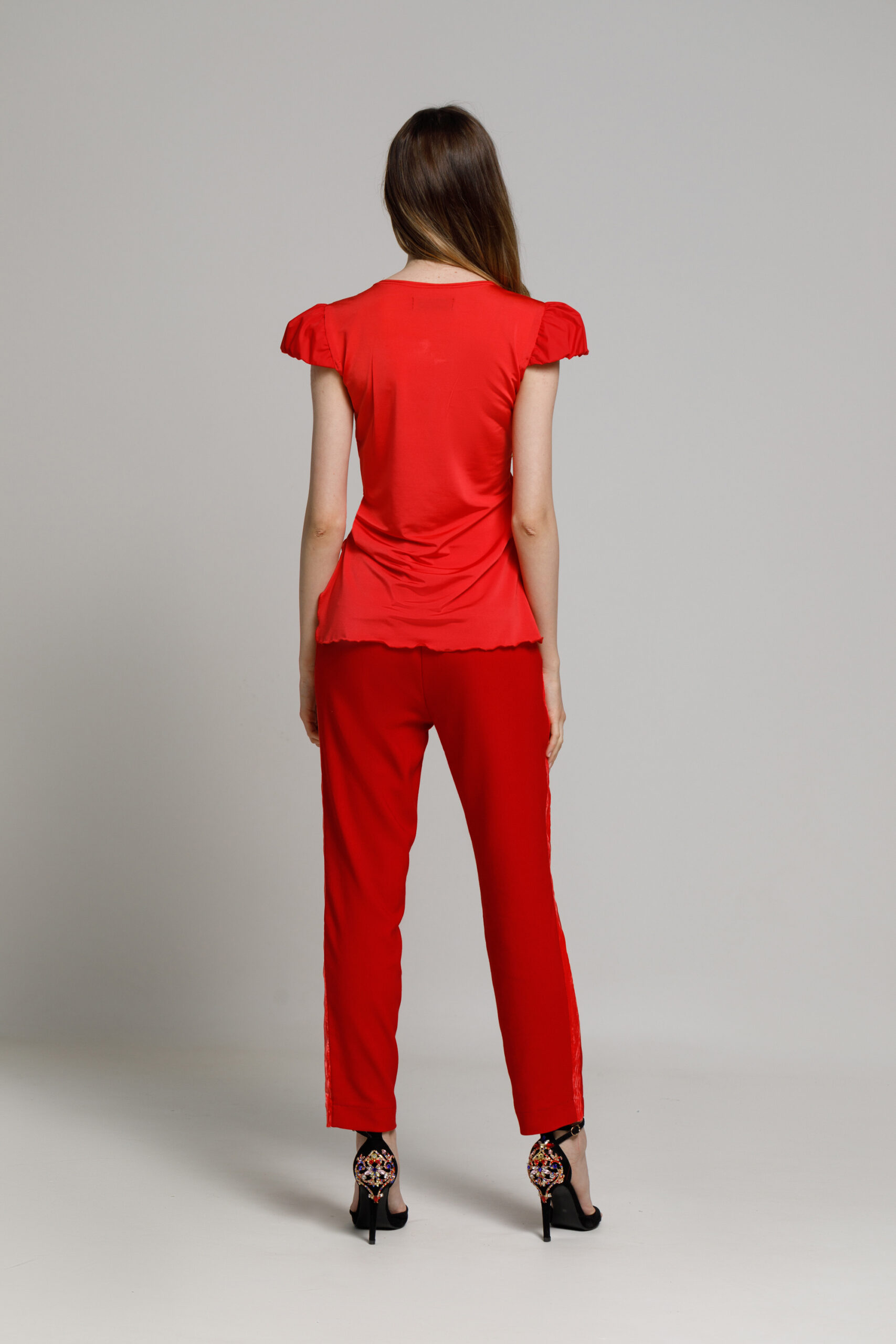 Pantalon FILIPO rosu cu banda laterala din catifea. Materiale naturale, design unicat, cu broderie si aplicatii handmade