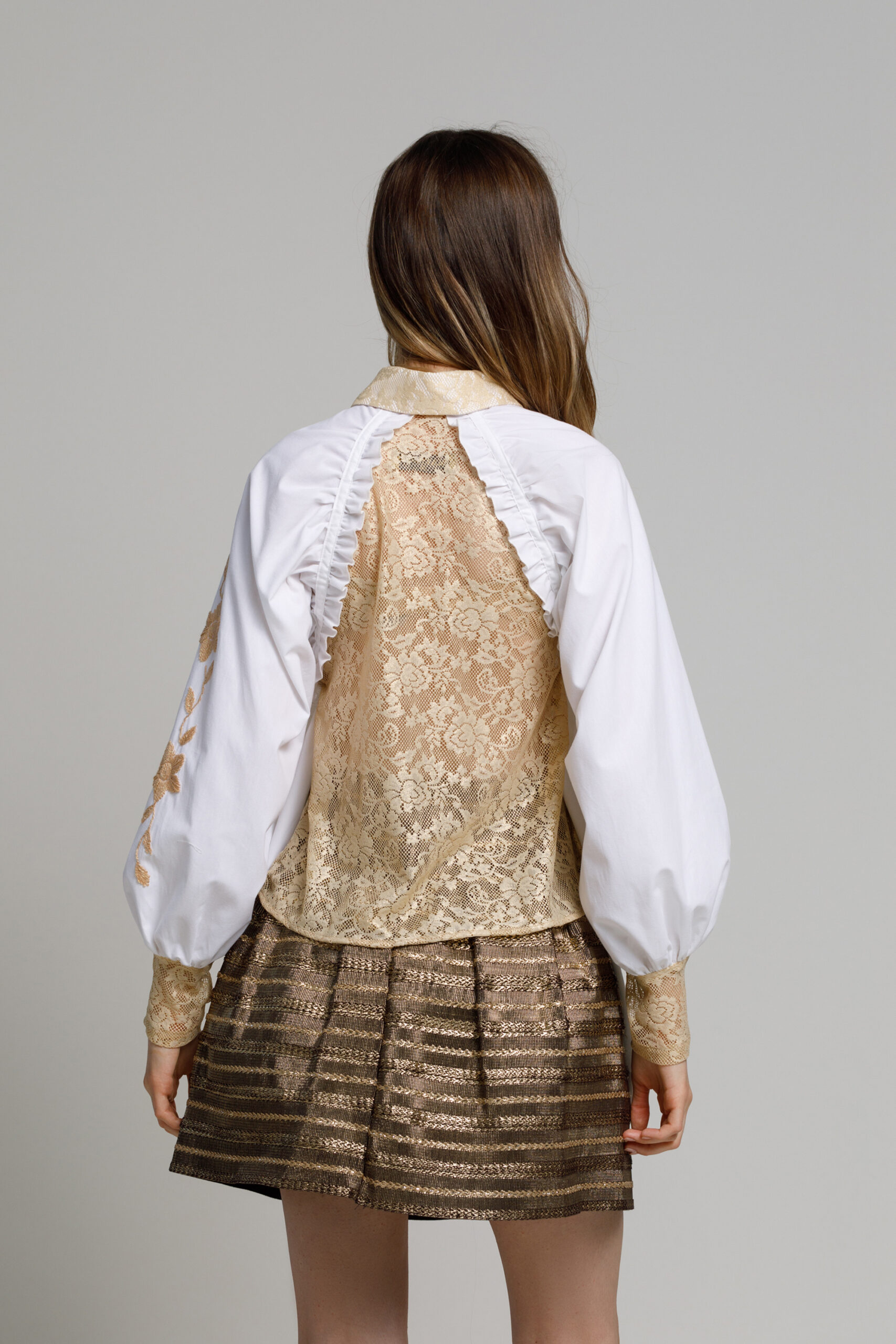 MARINA White shirt with golden lace. Natural fabrics, original design, handmade embroidery