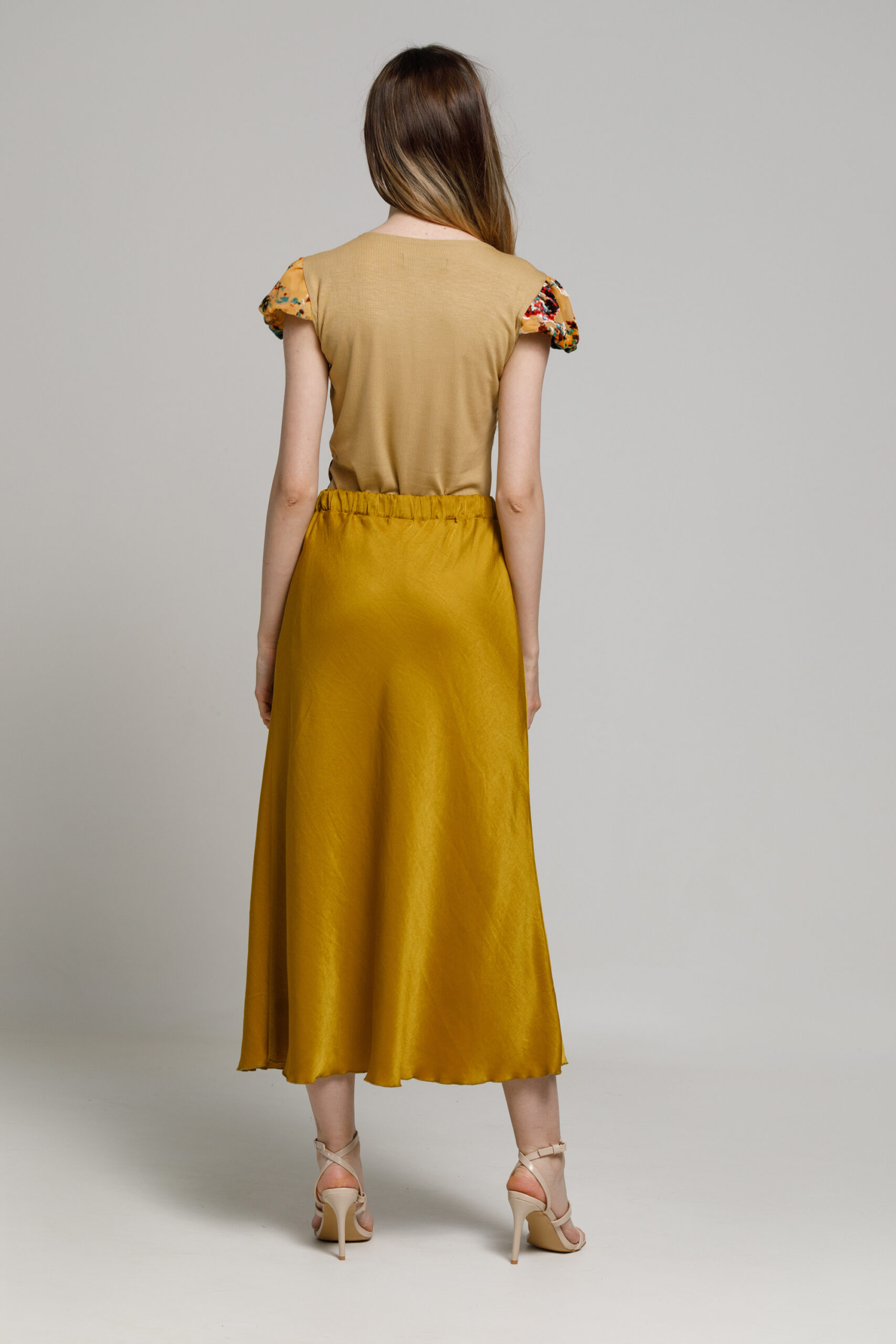 DORIA bronze-gold viscose skirt. Natural fabrics, original design, handmade embroidery