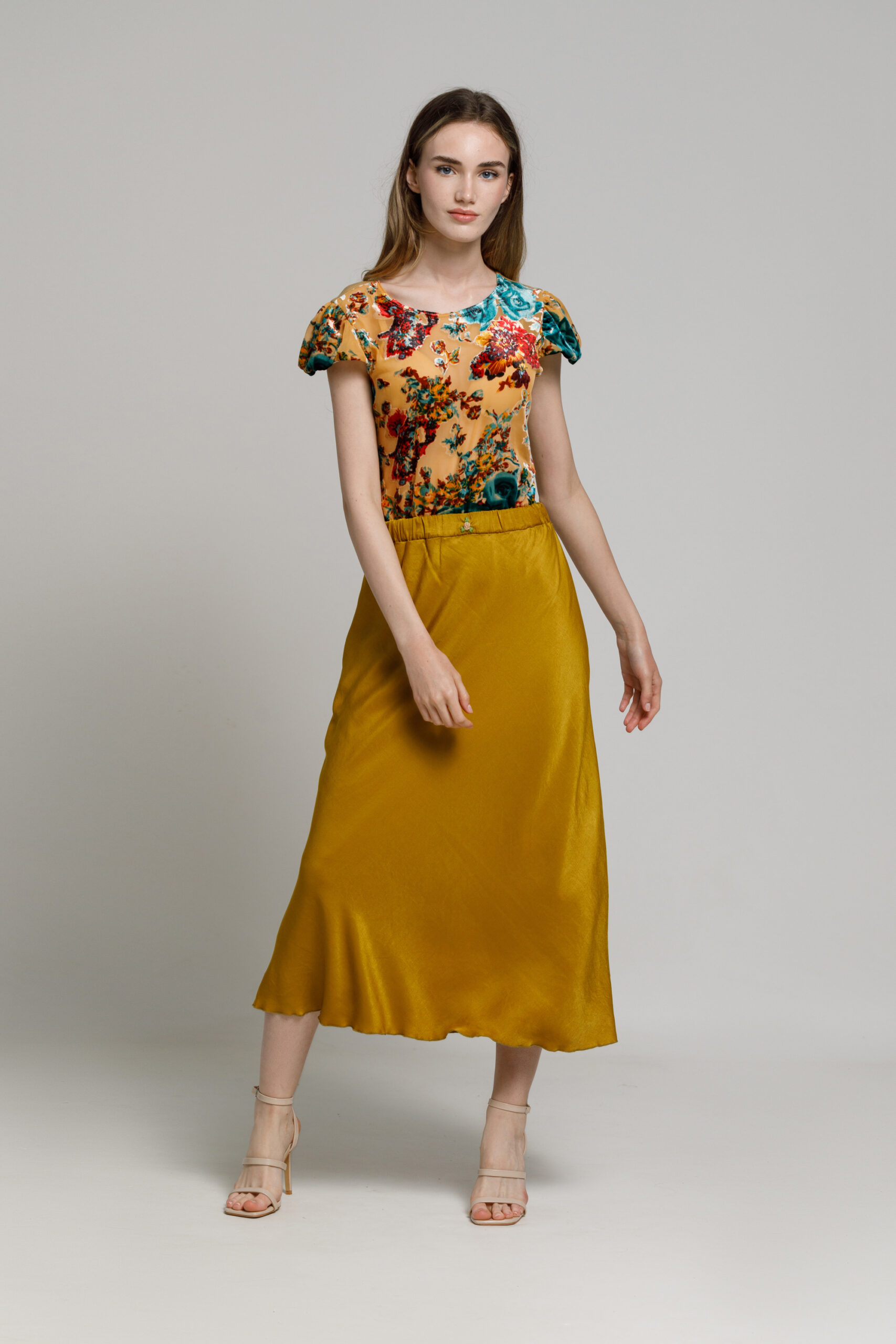 DORIA bronze-gold viscose skirt. Natural fabrics, original design, handmade embroidery