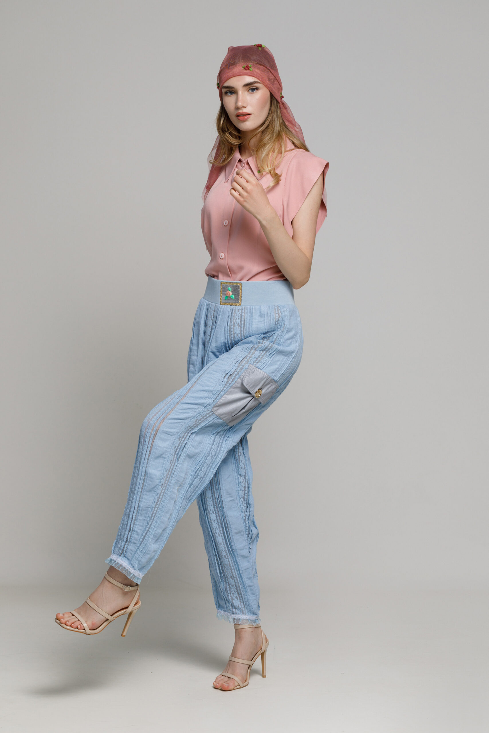 RONNIE blue lace pants with pockets. Natural fabrics, original design, handmade embroidery