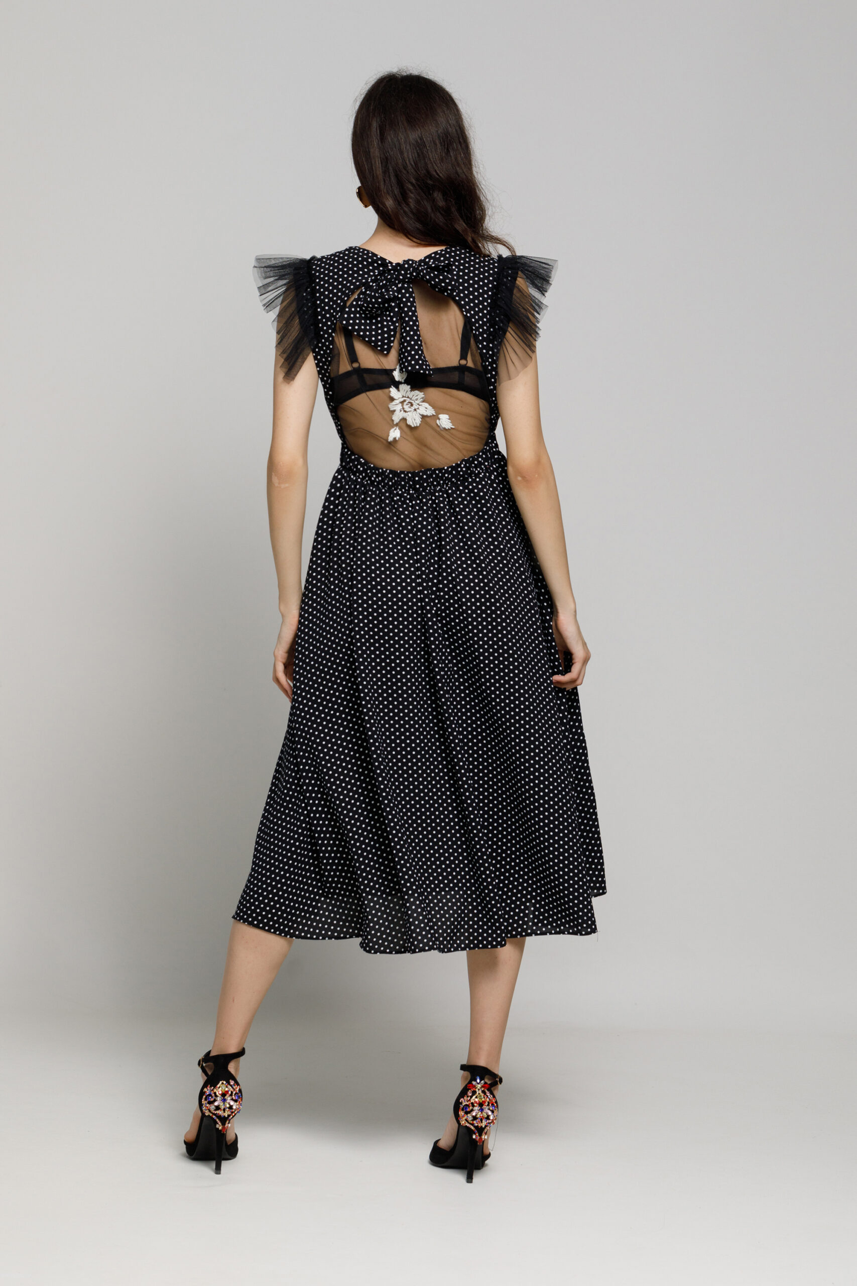 ABRA dress in black viscose with white polka dots. Natural fabrics, original design, handmade embroidery