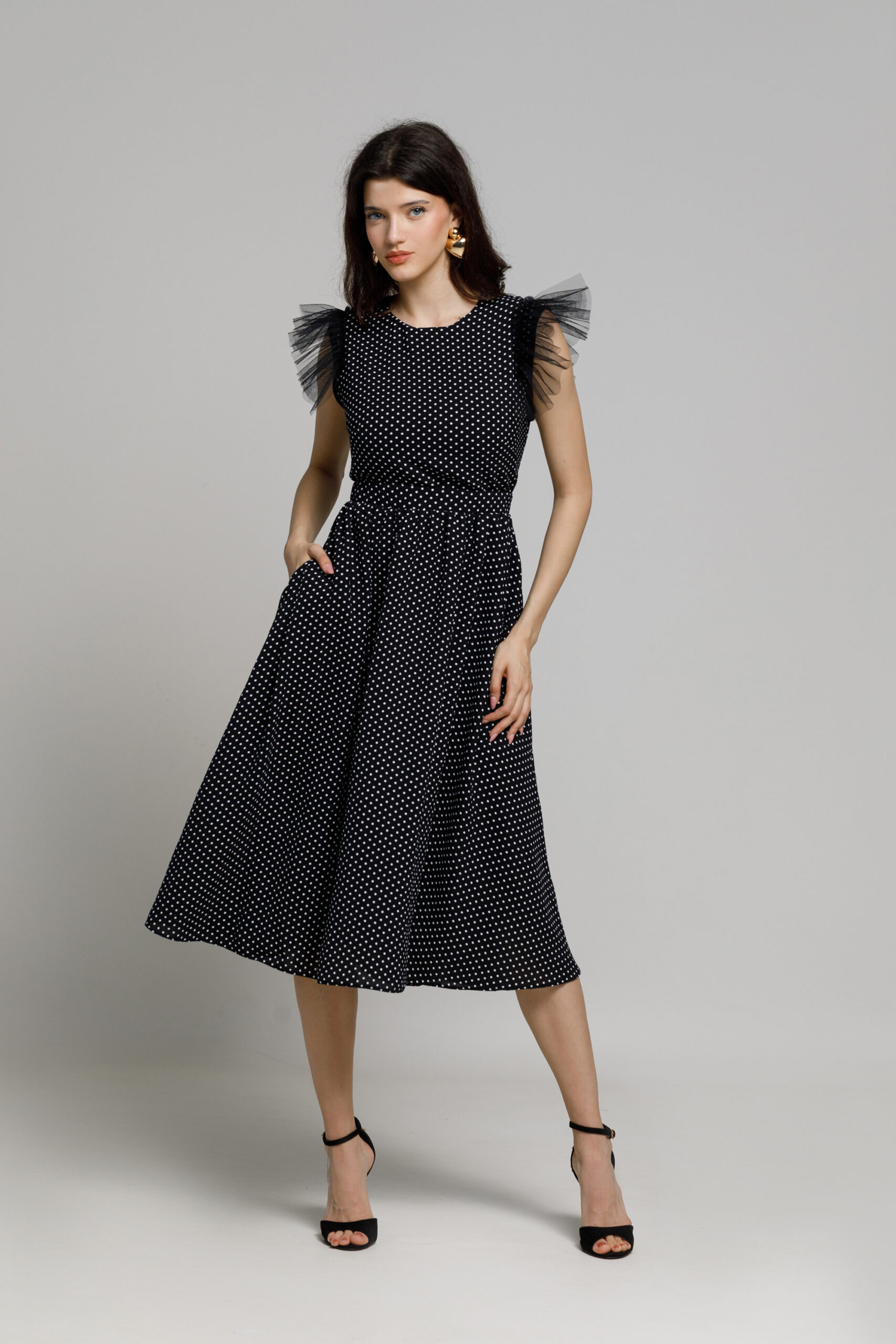 ABRA dress in black viscose with white polka dots. Natural fabrics, original design, handmade embroidery