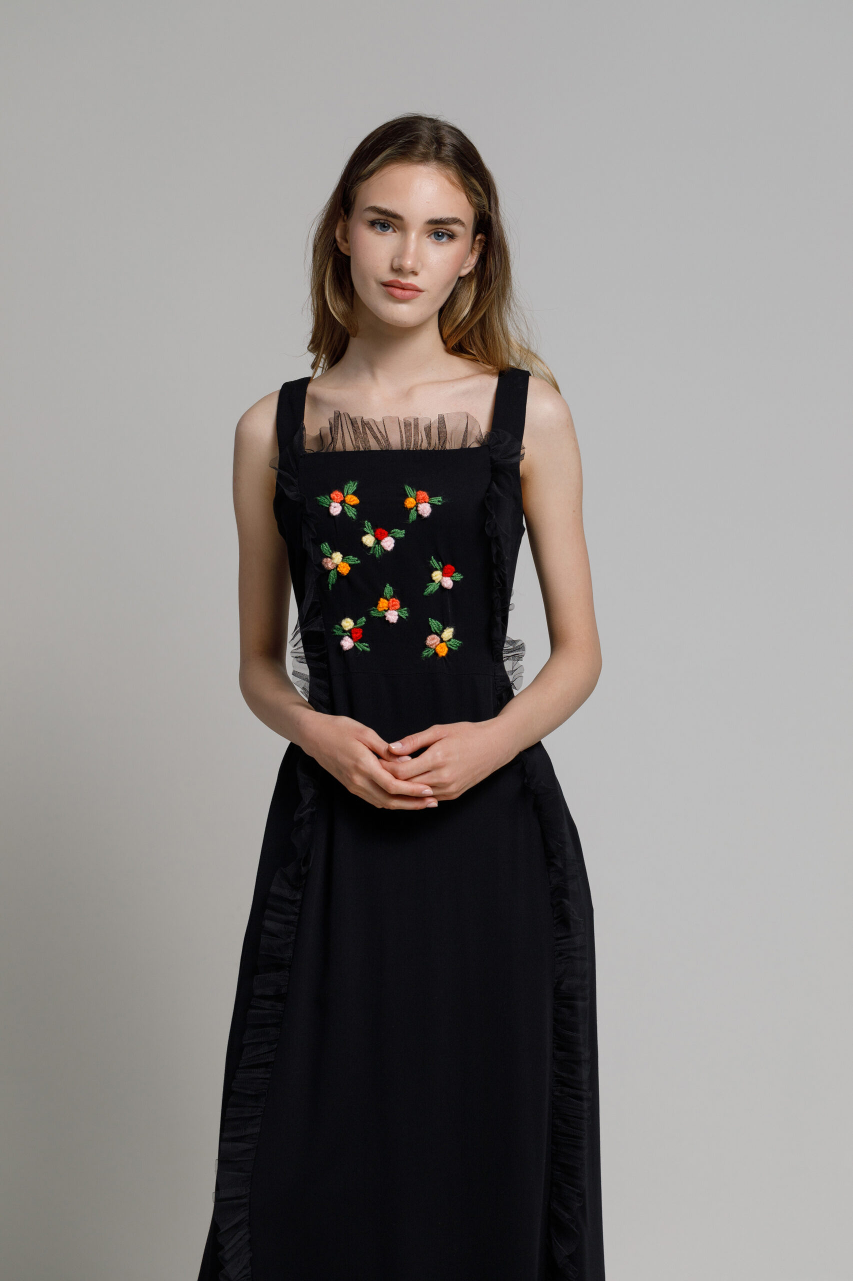 EDINA black dress with tulle frill and embroidery. Natural fabrics, original design, handmade embroidery