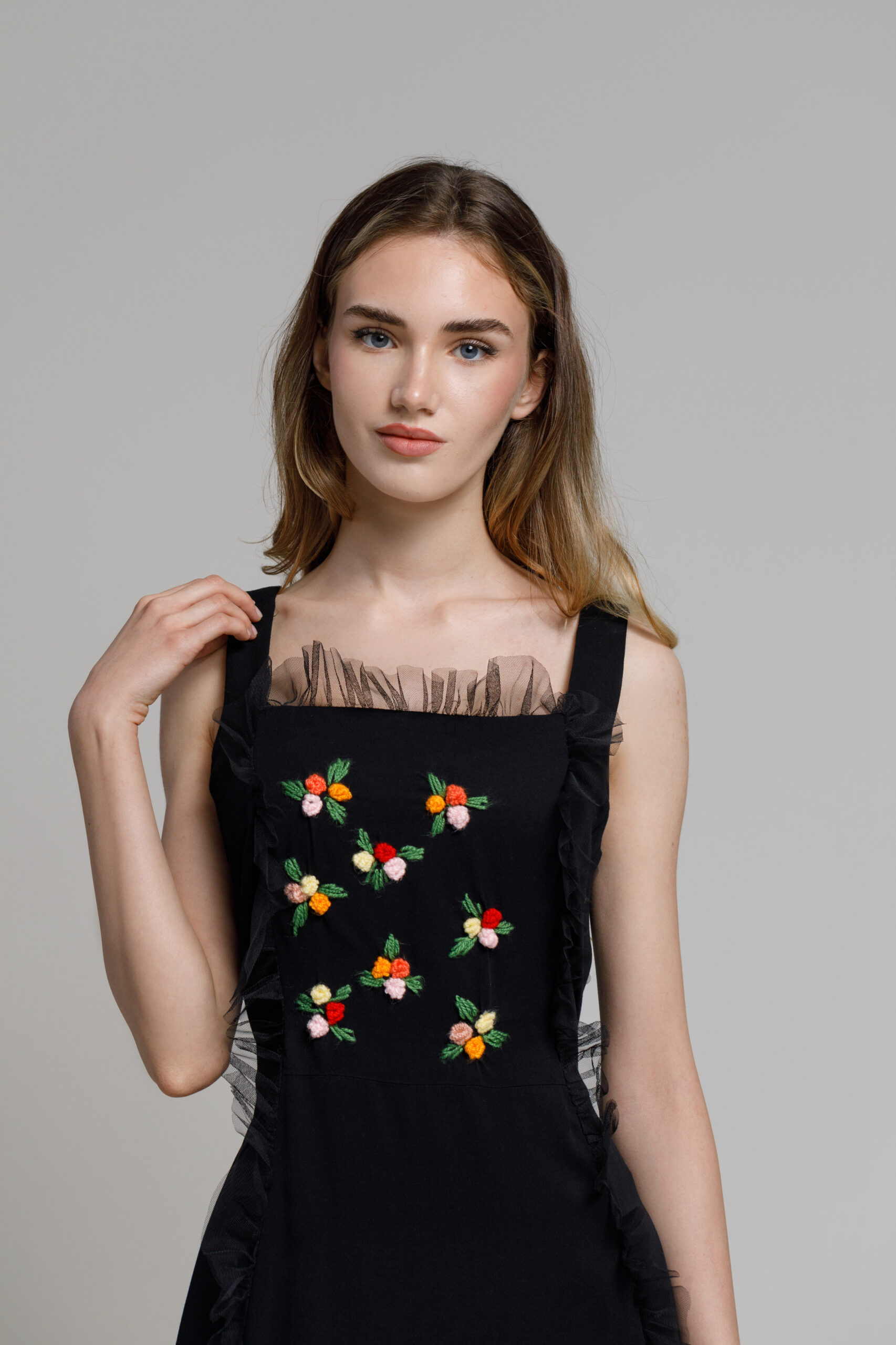 EDINA black dress with tulle frill and embroidery. Natural fabrics, original design, handmade embroidery