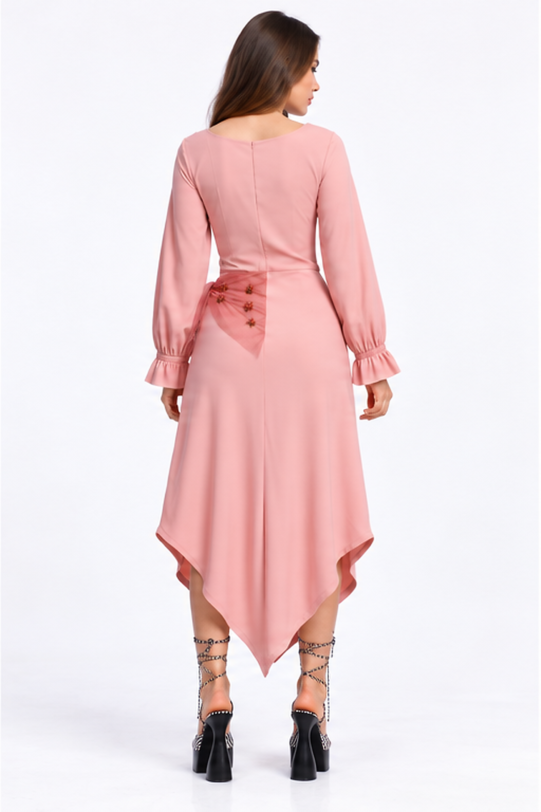 Rochie MATHILDE HARRIS roz pudrat cu esarfa. Materiale naturale, design unicat, cu broderie si aplicatii handmade