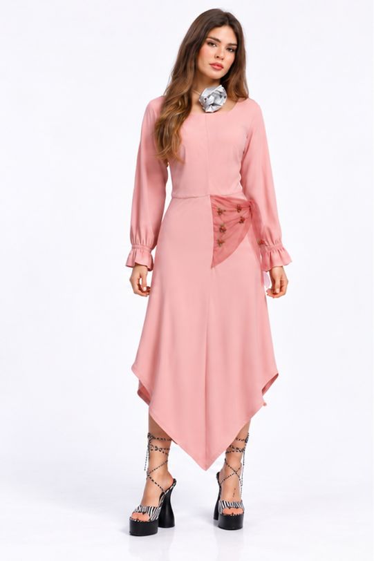 Rochie MATHILDE HARRIS roz pudrat cu esarfa. Materiale naturale, design unicat, cu broderie si aplicatii handmade