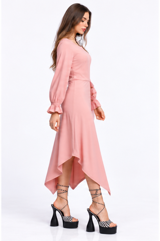Rochie MATHILDE HARRIS roz pudrat cu esarfa. Materiale naturale, design unicat, cu broderie si aplicatii handmade