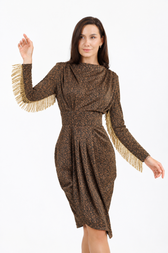 Rochie MATHILDE EUDORA cu drapaj și franjuri. Materiale naturale, design unicat, cu broderie si aplicatii handmade