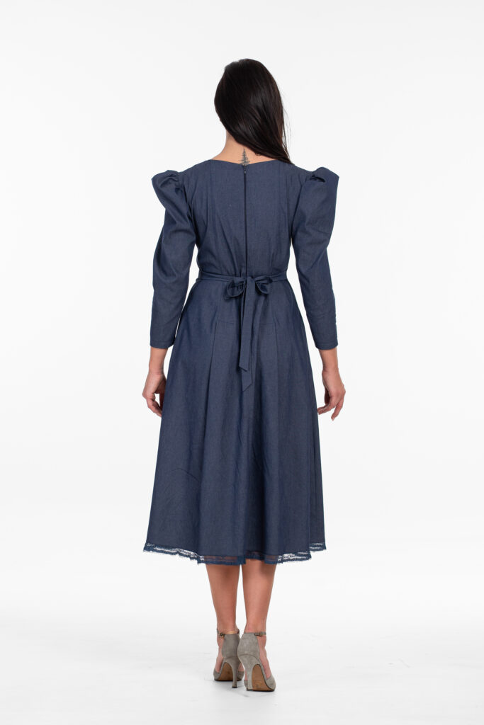 AIDA Navy blue denim dress with puff sleeves and floral embroidery. Natural fabrics, original design, handmade embroidery