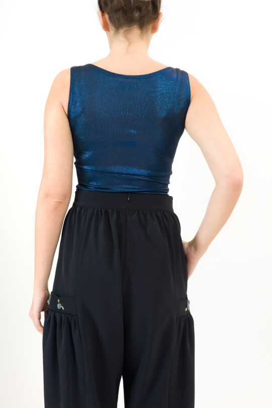 Top MATHILDE LUNO albastru metalizat din licra. Natural fabrics, original design, handmade embroidery