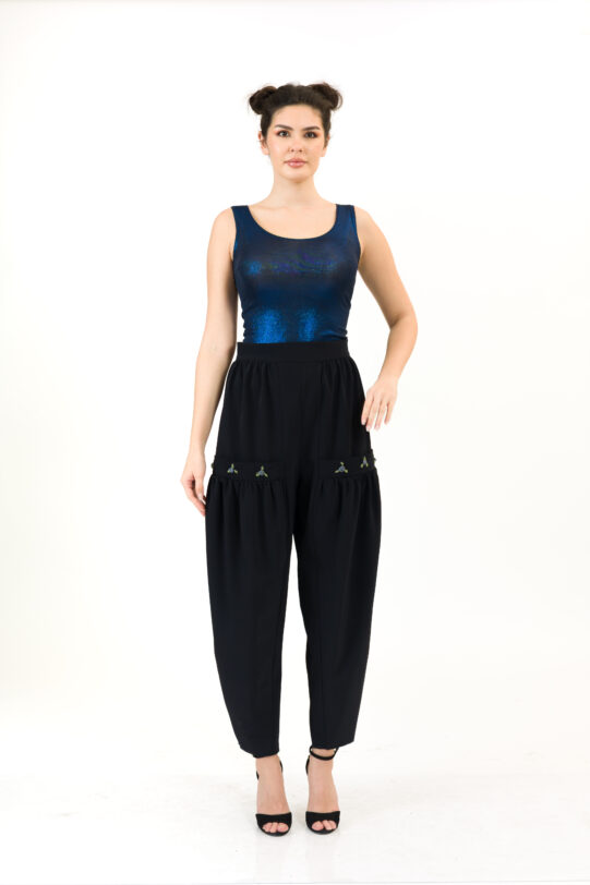 Top MATHILDE LUNO albastru metalizat din licra. Natural fabrics, original design, handmade embroidery