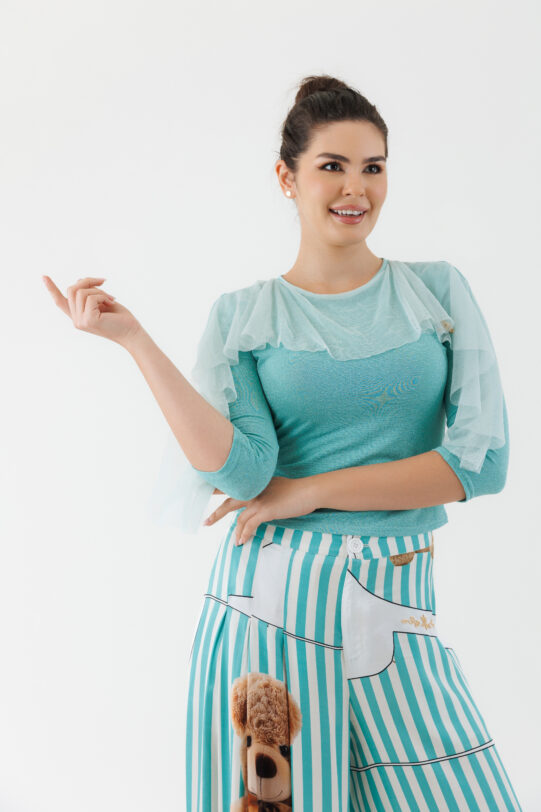 Bluza MATHILDE RADA turcoaz din licra cu volanas. Materiale naturale, design unicat, cu broderie si aplicatii handmade