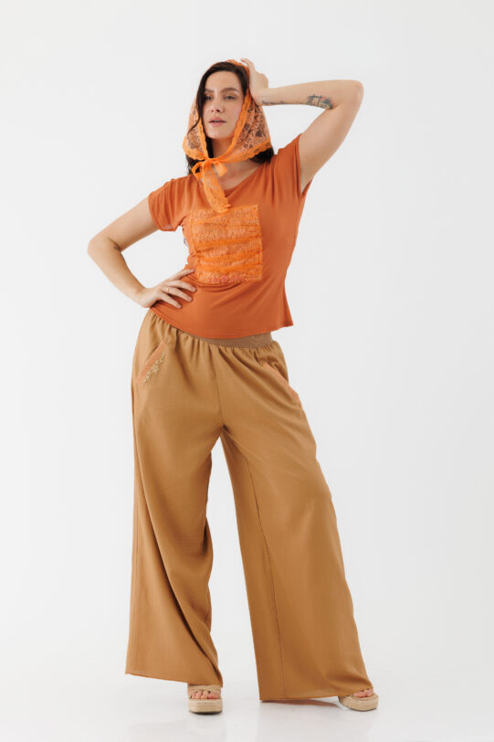 Bluza MATHILDE  ROZINA caramiziu cu aplicatie de dantela. Materiale naturale, design unicat, cu broderie si aplicatii handmade