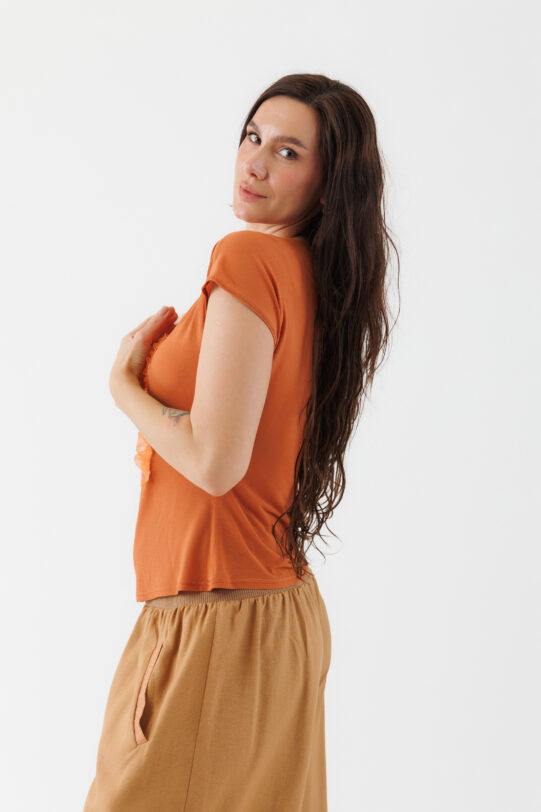 Bluza MATHILDE  ROZINA caramiziu cu aplicatie de dantela. Materiale naturale, design unicat, cu broderie si aplicatii handmade