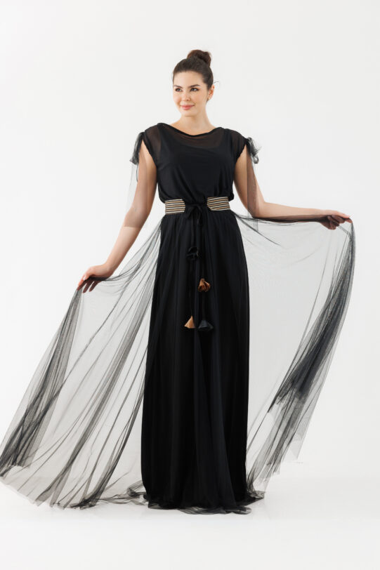 Rochie MATHILDE AFRODITA neagra din tul. Materiale naturale, design unicat, cu broderie si aplicatii handmade