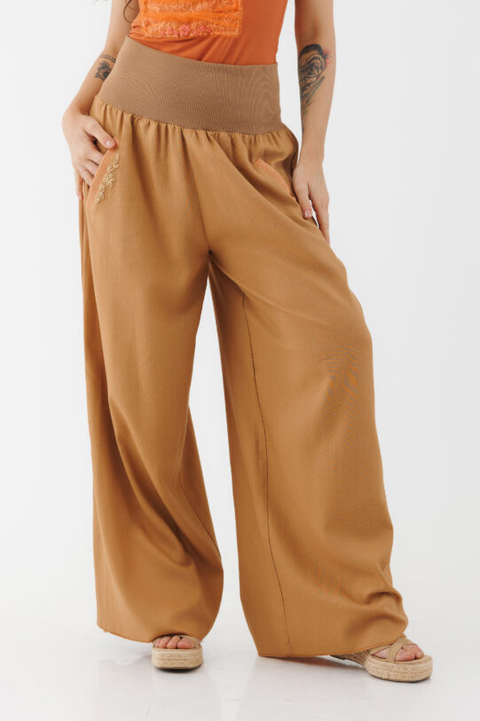 Pantalon MATHILDE ALICE aramiu din in. Materiale naturale, design unicat, cu broderie si aplicatii handmade