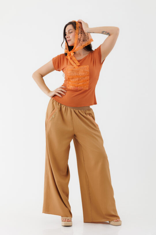 Pantalon MATHILDE ALICE aramiu din in. Materiale naturale, design unicat, cu broderie si aplicatii handmade