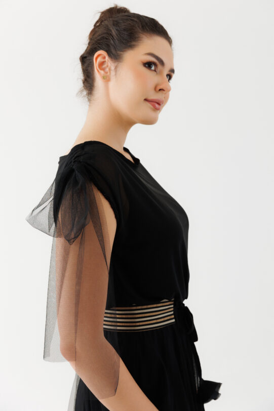 Rochie MATHILDE AFRODITA neagra din tul. Materiale naturale, design unicat, cu broderie si aplicatii handmade