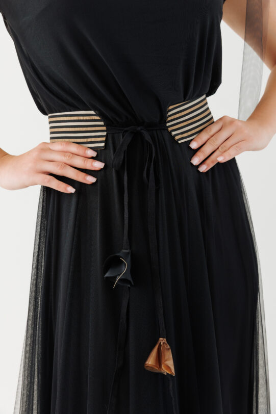 Rochie MATHILDE AFRODITA neagra din tul. Materiale naturale, design unicat, cu broderie si aplicatii handmade
