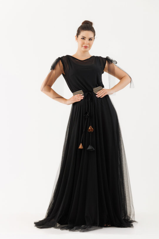 Rochie MATHILDE AFRODITA neagra din tul. Materiale naturale, design unicat, cu broderie si aplicatii handmade