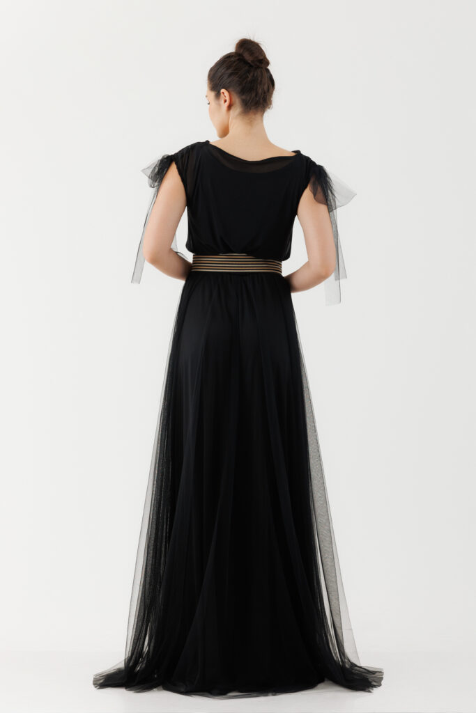 Rochie MATHILDE AFRODITA neagra din tul. Materiale naturale, design unicat, cu broderie si aplicatii handmade