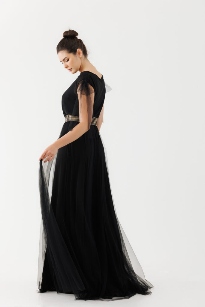 Rochie MATHILDE AFRODITA neagra din tul. Materiale naturale, design unicat, cu broderie si aplicatii handmade