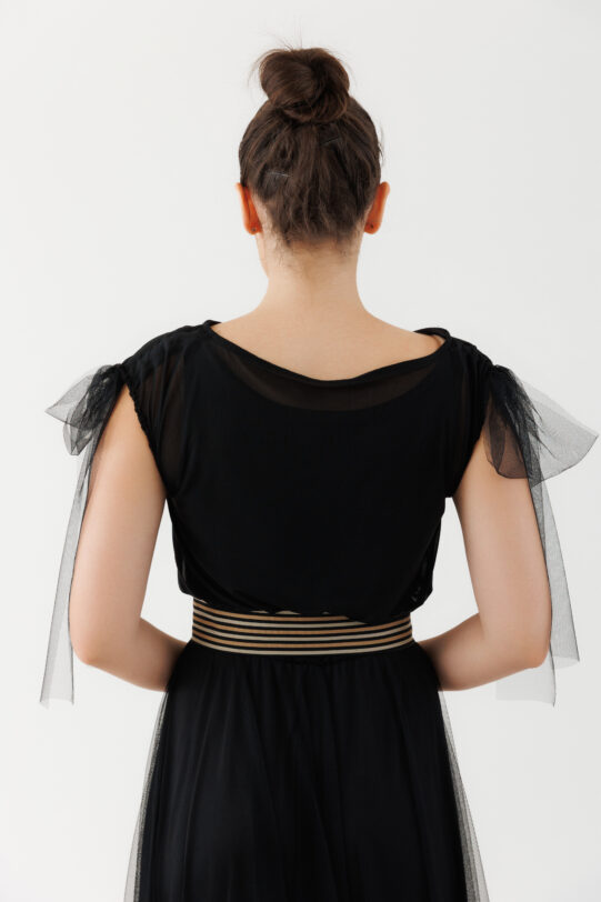 Rochie MATHILDE AFRODITA neagra din tul. Materiale naturale, design unicat, cu broderie si aplicatii handmade