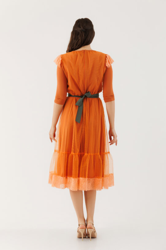 Rochie MATHILDE AMARIS portocalie din tul. Materiale naturale, design unicat, cu broderie si aplicatii handmade