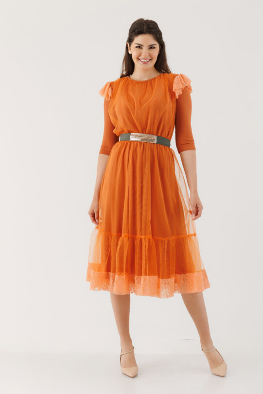 Rochie MATHILDE AMARIS portocalie din tul. Materiale naturale, design unicat, cu broderie si aplicatii handmade