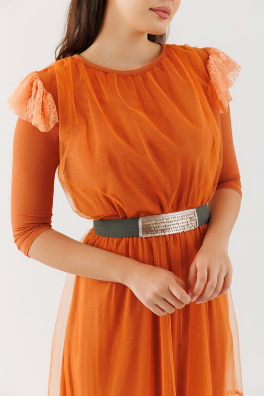Rochie MATHILDE AMARIS portocalie din tul. Materiale naturale, design unicat, cu broderie si aplicatii handmade