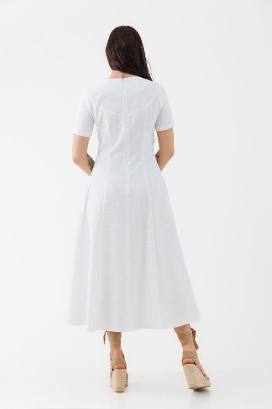 Rochie MATHILDE CATRINA alba din in. Materiale naturale, design unicat, cu broderie si aplicatii handmade