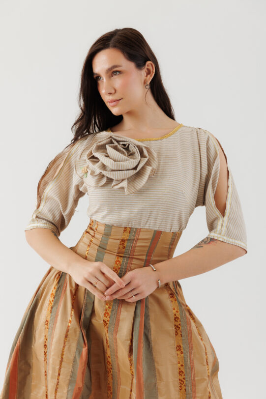 Rochie MATHILDE DAYANA din brocard si in. Materiale naturale, design unicat, cu broderie si aplicatii handmade