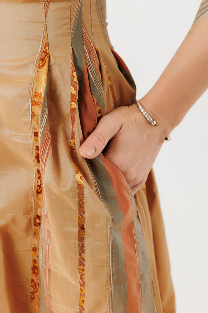 Rochie MATHILDE DAYANA din brocard si in. Materiale naturale, design unicat, cu broderie si aplicatii handmade