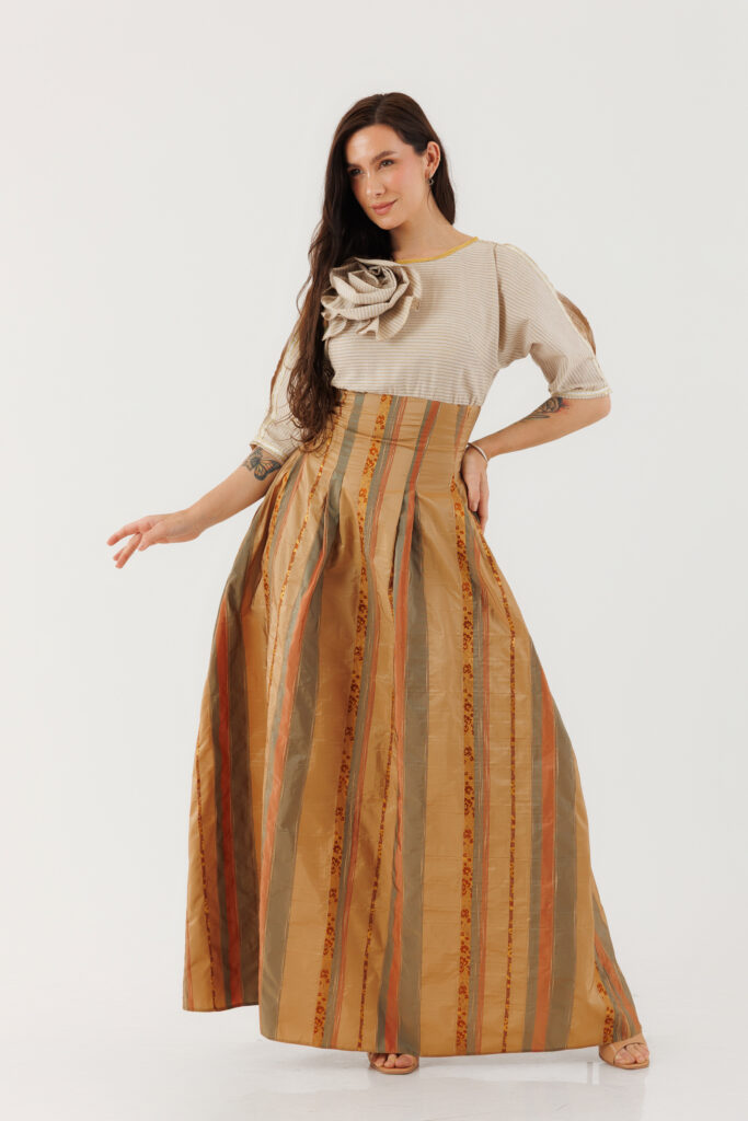 Rochie MATHILDE DAYANA din brocard si in. Materiale naturale, design unicat, cu broderie si aplicatii handmade
