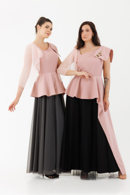 Rochie MATHILDE EBBA din taft roz si tul gri. Materiale naturale, design unicat, cu broderie si aplicatii handmade