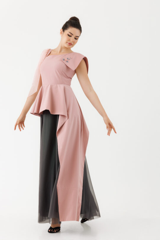 Rochie MATHILDE EBBA din taft roz si tul gri. Materiale naturale, design unicat, cu broderie si aplicatii handmade
