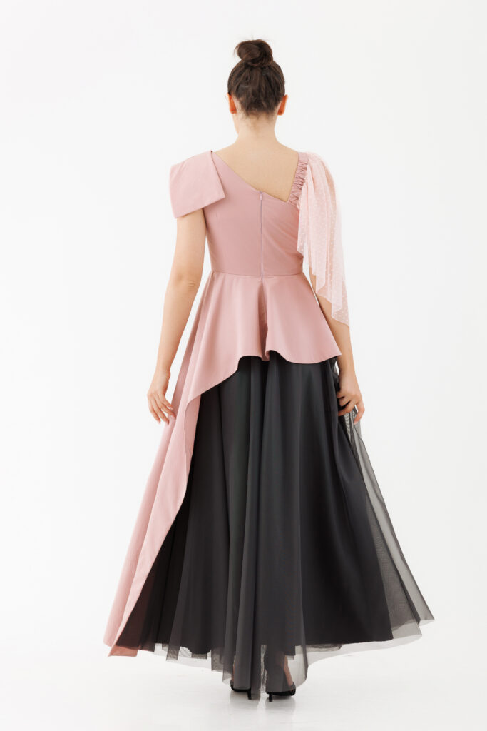 Rochie MATHILDE EBBA din taft roz si tul gri. Materiale naturale, design unicat, cu broderie si aplicatii handmade