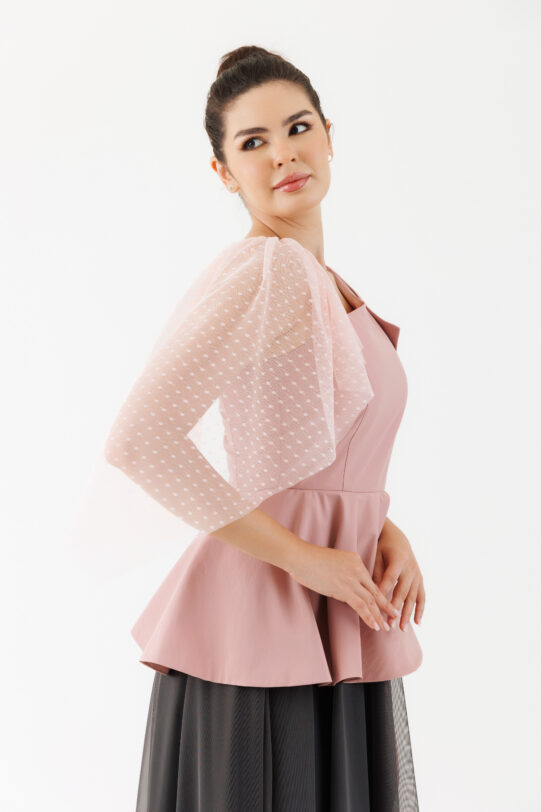 Rochie MATHILDE EBBA din taft roz si tul gri. Materiale naturale, design unicat, cu broderie si aplicatii handmade
