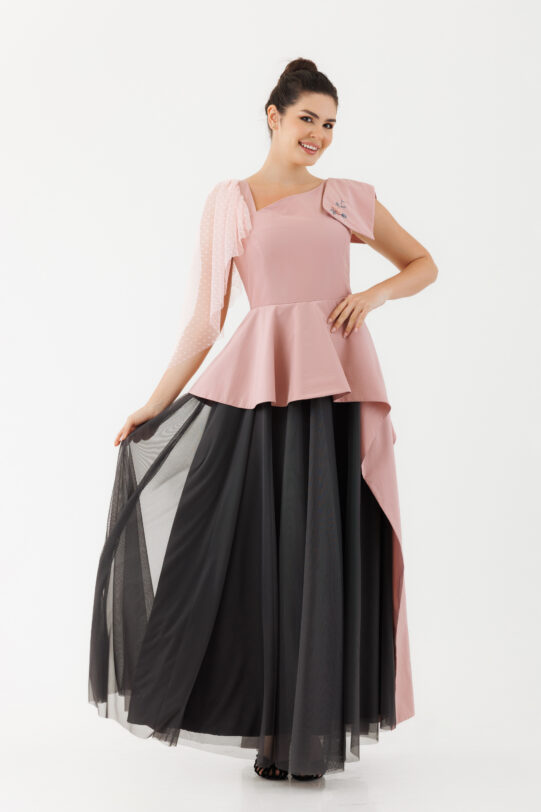 Rochie MATHILDE EBBA din taft roz si tul gri. Materiale naturale, design unicat, cu broderie si aplicatii handmade