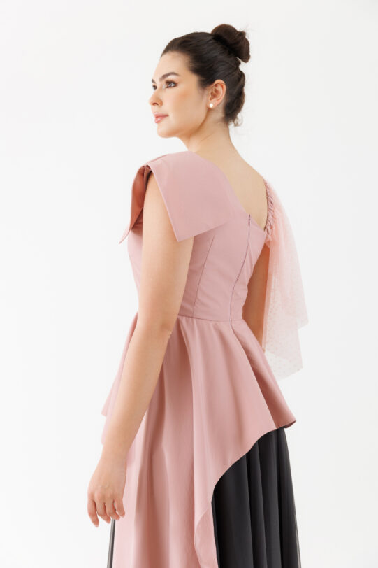 Rochie MATHILDE EBBA din taft roz si tul gri. Materiale naturale, design unicat, cu broderie si aplicatii handmade