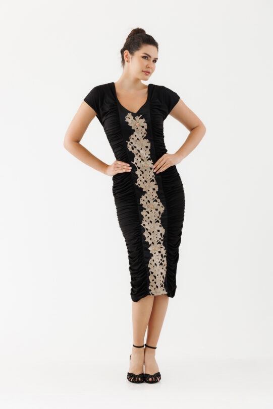 Rochie MATHILDE ELLIE neagra din licra si saten cu drapaj. Materiale naturale, design unicat, cu broderie si aplicatii handmade