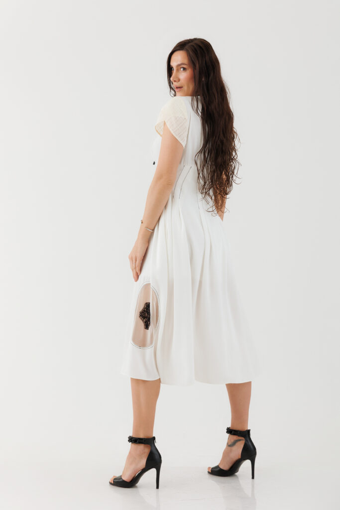 Rochie MATHILDE ETTA alba din voal. Materiale naturale, design unicat, cu broderie si aplicatii handmade