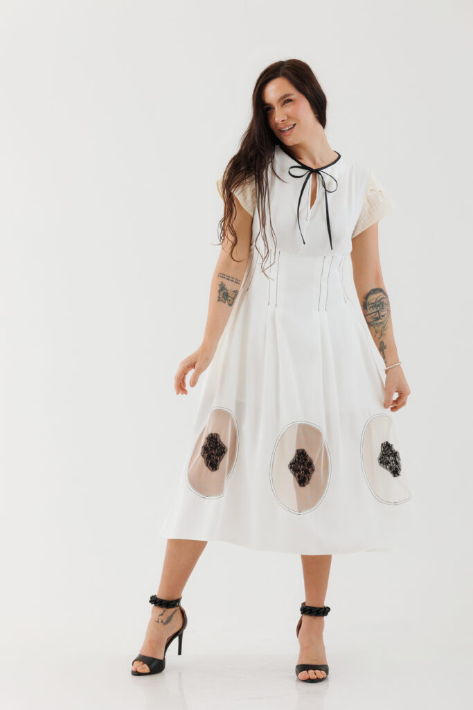 Rochie MATHILDE ETTA alba din voal. Materiale naturale, design unicat, cu broderie si aplicatii handmade