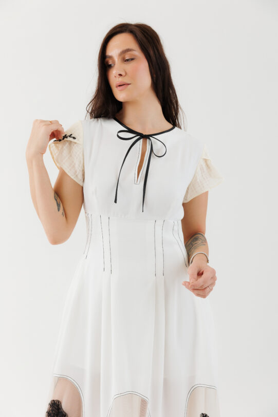 Rochie MATHILDE ETTA alba din voal. Materiale naturale, design unicat, cu broderie si aplicatii handmade